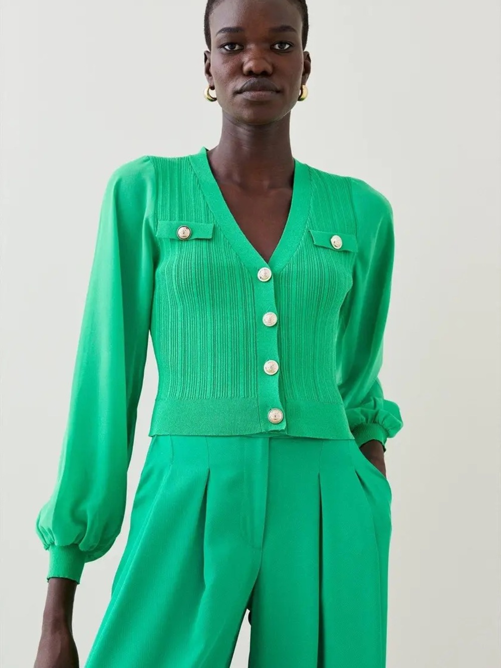 Karen Millen Green Plissé Rib Knit Cardigan Gold Button V-Neck Sweater NWT XXXL - Picture 12 of 12
